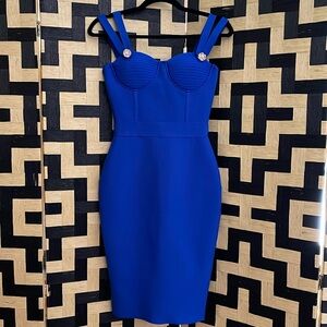 Blue cocktail dress corset style detailing on top, rhinestone trim, size Small